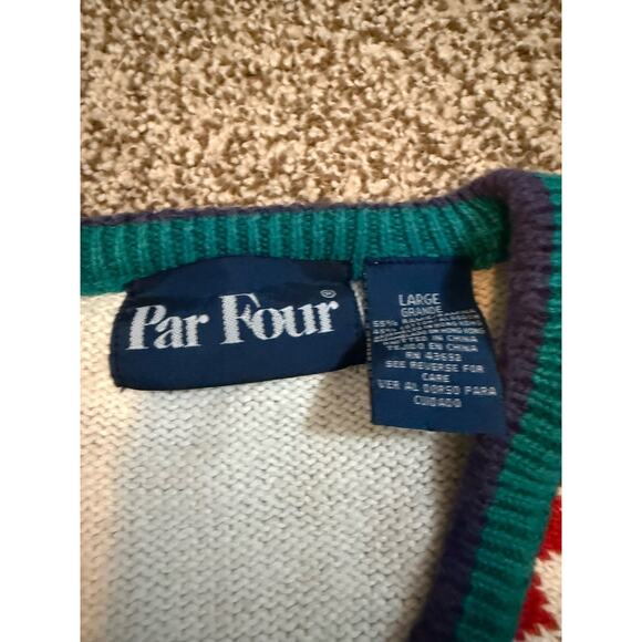 Par Four Sweater Large Golf Knit White Argyle Embroidered Golfer Vintage Read - Picture 2 of 8